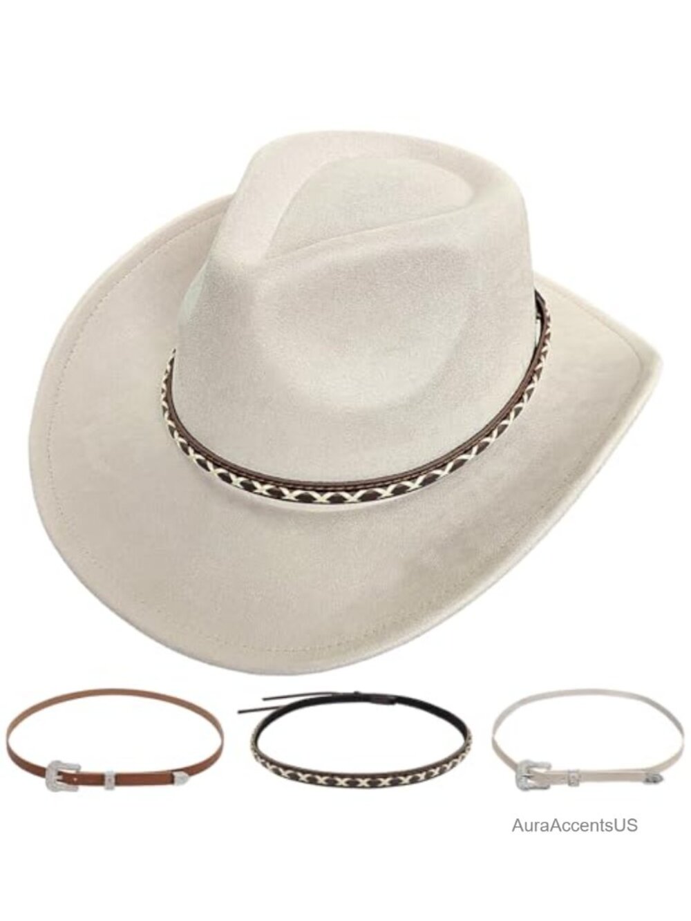 Suede-Like Cowboy Hat Shapeable Wide Brim w/ 3 Decorative Bands